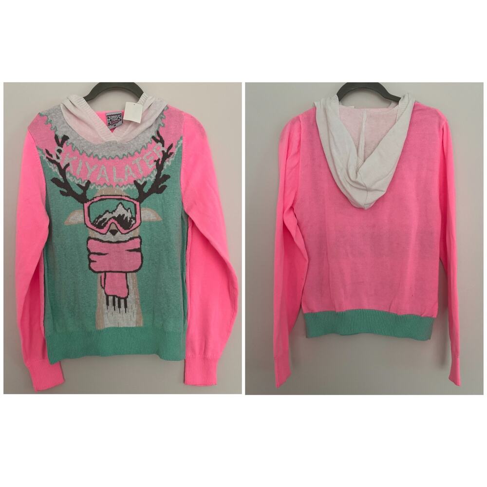 Well Worn Hooded Christmas Holiday Sweater, Reindeer Skiing in Pink